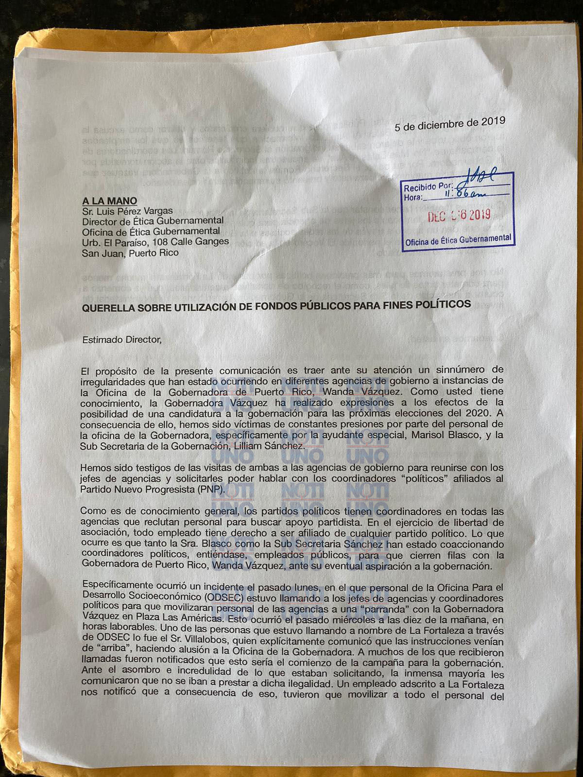 Documento contra gobernadora WV - diciembre 10 2019
